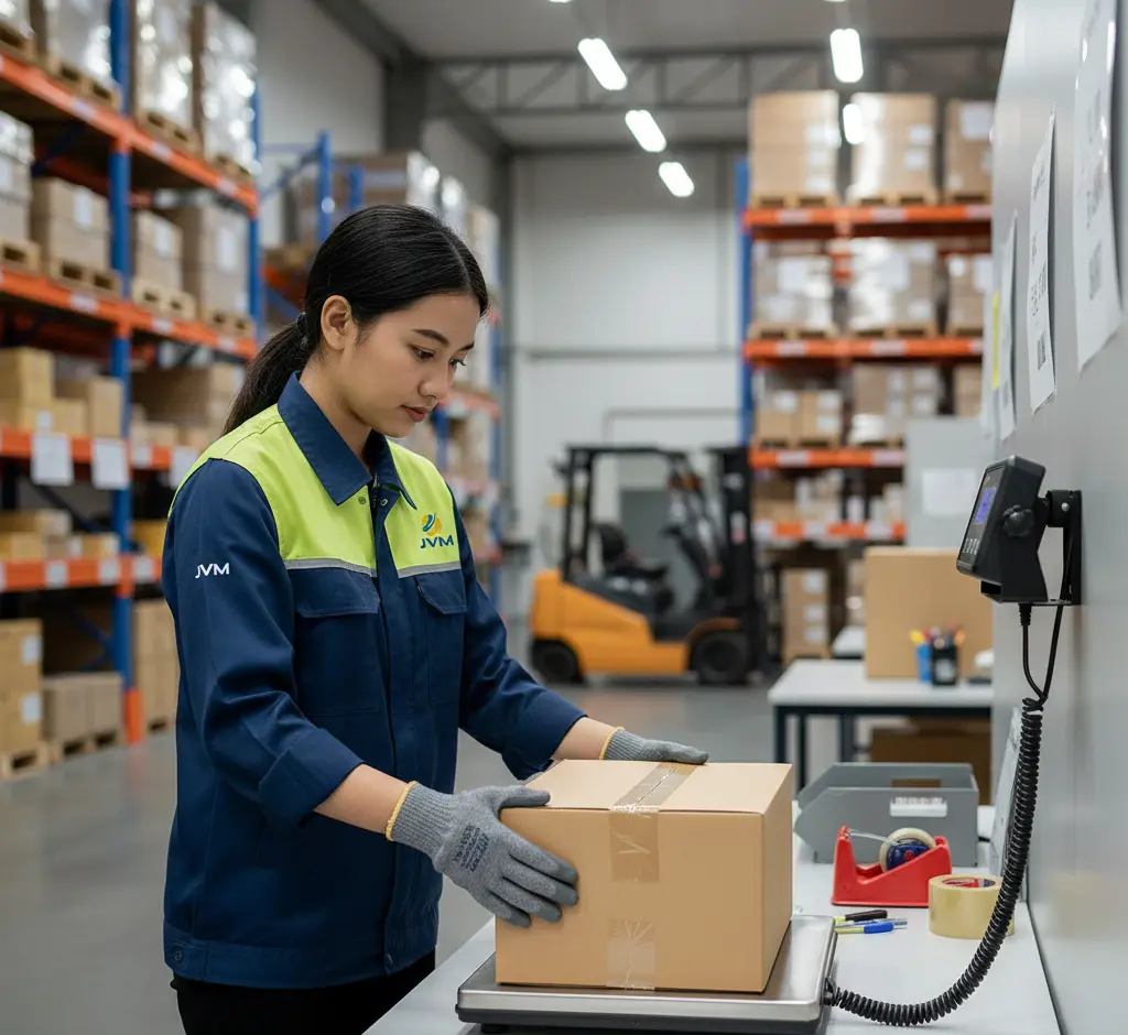 Foto teknisi QC Indonesia di gudang logistik menimbang paket kardus besar di atas platform timbangan PCE-PB 75N, dengan display eksternal terpasang pada bracket dinding dan angka berat terlihat jelas.