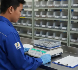 Teknisi QC Indonesia menggunakan timbangan meja PCE-PCS 30-ICA untuk menghitung baut dan washer di tray, dengan tampilan gross weight, unit weight, dan total pcs pada layar.