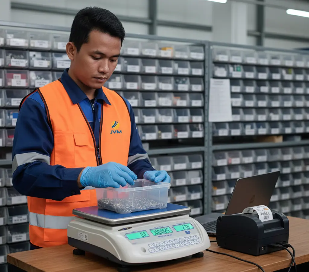 Foto teknisi gudang Indonesia menggunakan timbangan benchtop PCE-PCS 30 untuk menghitung komponen kecil di meja inventory, dengan rak bin part dan layar timbangan menampilkan berat serta total pcs.