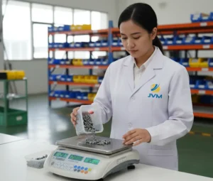Foto realistis teknisi QC Indonesia menggunakan timbangan benchtop PCE-PCS 6 di meja kerja gudang untuk menimbang dan menghitung komponen kecil berbasis bobot satuan, dengan layar LCD aktif dan wadah baut kecil di dekat pan timbang.