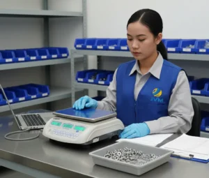 Teknisi QC Indonesia menggunakan benchtop scale PCE-PCS 6-ICA untuk menimbang dan menghitung komponen (piece counting) di meja stainless, dengan laptop terhubung RS-232 untuk pencatatan data.