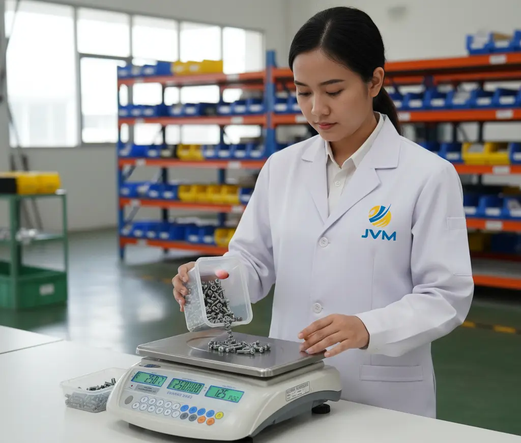 Foto realistis teknisi QC Indonesia menggunakan timbangan benchtop PCE-PCS 6 di meja kerja gudang untuk menimbang dan menghitung komponen kecil berbasis bobot satuan, dengan layar LCD aktif dan wadah baut kecil di dekat pan timbang.