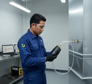Teknisi Indonesia memegang Differential Pressure Meter PCE-PDA 1L untuk mengukur tekanan diferensial pada sistem saluran udara atau filter.