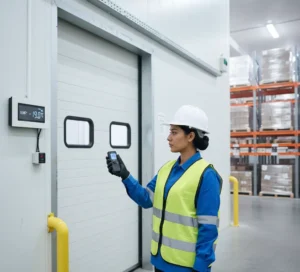 Gambar menampilkan teknisi Indonesia di area cold storage gudang logistik, memegang alat PCE-PDFL 10 dengan layar LCD yang memperlihatkan pembacaan suhu, kelembapan relatif, dan tekanan udara, sebagai bagian dari inspeksi rutin untuk memastikan kondisi penyimpanan rantai dingin stabil dan meminimalkan risiko kondensasi.