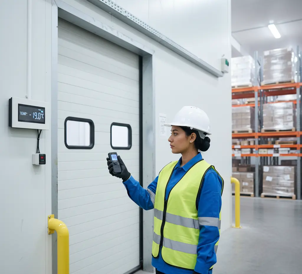 Gambar menampilkan teknisi Indonesia di area cold storage gudang logistik, memegang alat PCE-PDFL 10 dengan layar LCD yang memperlihatkan pembacaan suhu, kelembapan relatif, dan tekanan udara, sebagai bagian dari inspeksi rutin untuk memastikan kondisi penyimpanan rantai dingin stabil dan meminimalkan risiko kondensasi.
