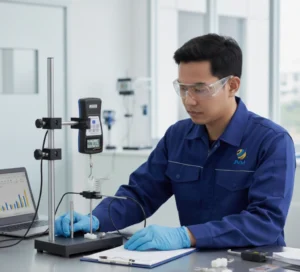 Teknisi QC Indonesia menggunakan force gauge digital pada test stand untuk menguji gaya tarik dan tekan pegas di laboratorium industri.