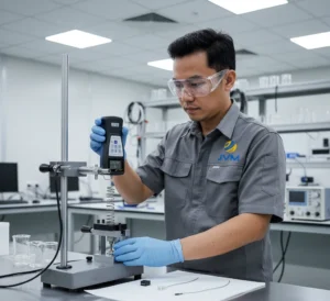 Teknisi QC Indonesia menggunakan Force Gauge PCE-PFG 20 pada test stand untuk mengukur gaya tarik dan tekan sampel kecil di laboratorium industri.
