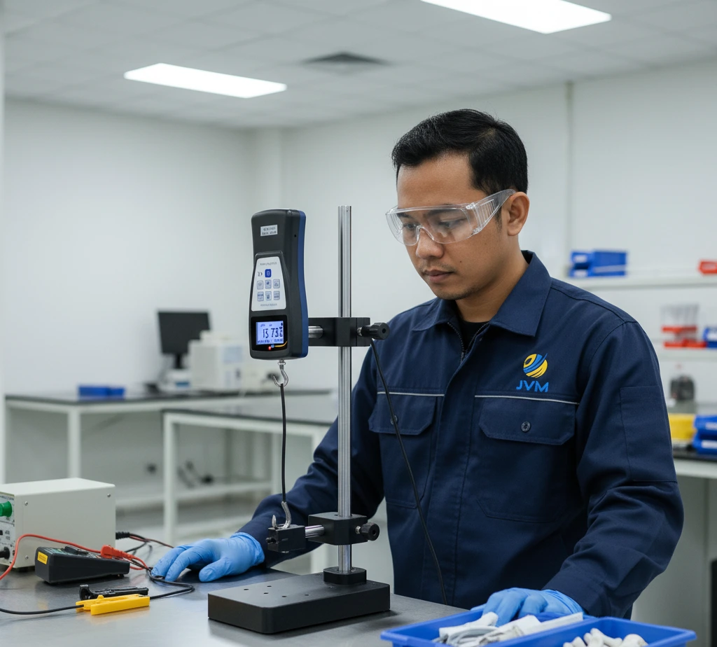 Teknisi QC Indonesia menggunakan Force Gauge PCE-PFG 20 pada test stand untuk mengukur gaya tarik sampel kabel kecil di laboratorium industri.