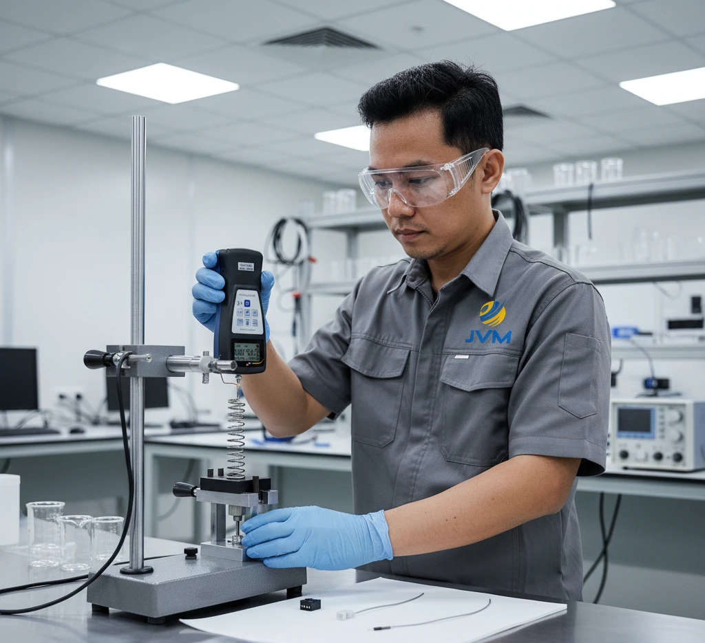 Teknisi QC Indonesia menggunakan Force Gauge PCE-PFG 20 pada test stand untuk mengukur gaya tarik dan tekan sampel kecil di laboratorium industri.