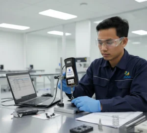 Teknisi QC Indonesia menggunakan force gauge digital PCE-PFG 200 pada test stand untuk menguji gaya tarik dan tekan sampel material.