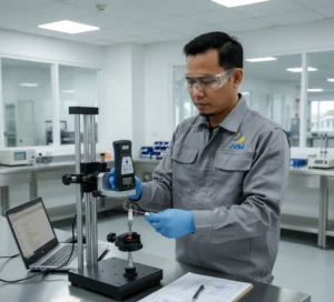 Teknisi QC Indonesia menggunakan Force Gauge PCE-PFG 200-ICA pada test stand untuk mengukur gaya tarik dan tekan sampel material.