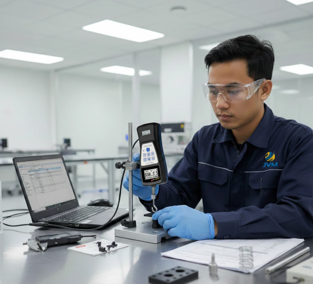 Teknisi QC Indonesia menggunakan force gauge digital PCE-PFG 200 pada test stand untuk menguji gaya tarik dan tekan sampel material.