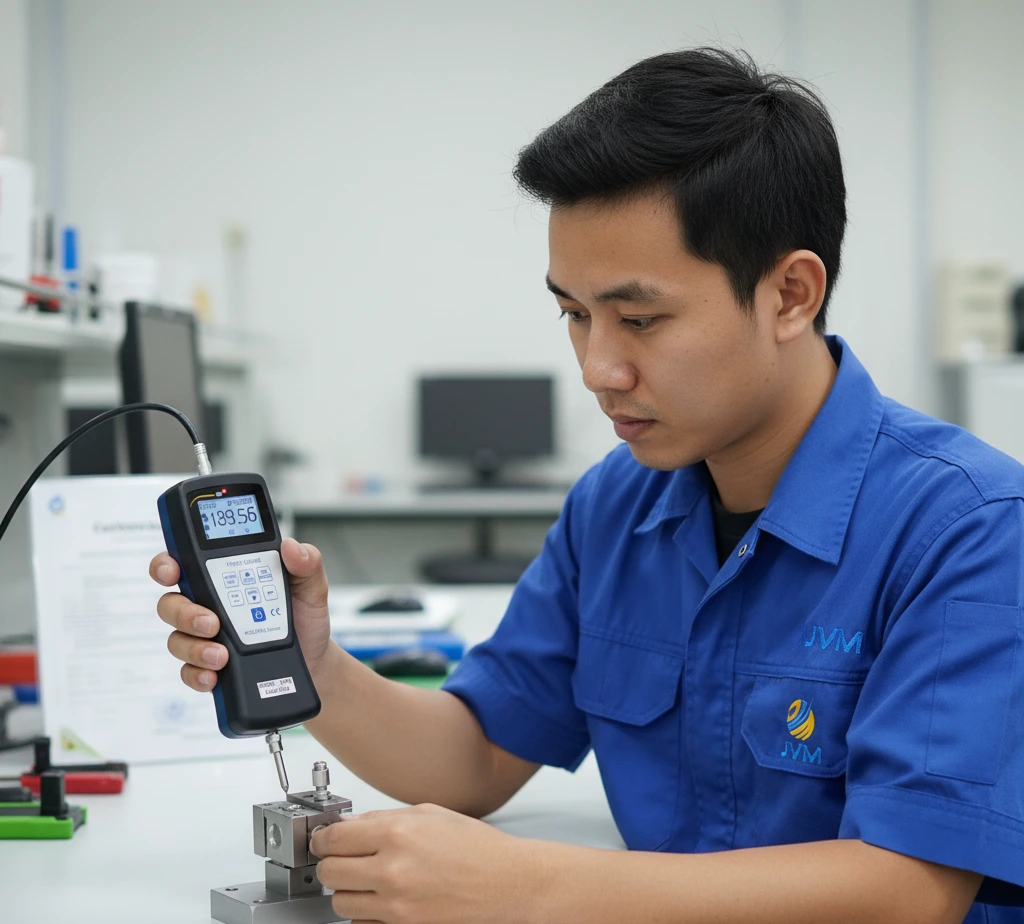 Teknisi QC Indonesia menggunakan Force Gauge Digital PCE-PFG 2K dengan S load cell eksternal untuk mengukur gaya tarik dan tekan komponen mekanik.