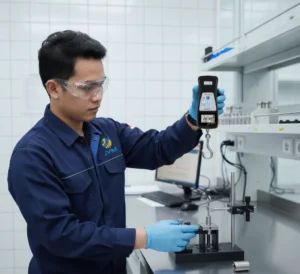 Teknisi QC Indonesia menggunakan Dinamometer Digital PCE-PFG 50 untuk mengukur gaya tarik dan tekan pada sampel komponen di laboratorium industri.