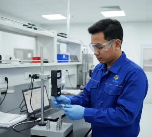 Teknisi QC Indonesia menggunakan Dynamometer Digital PCE-PFG 50-ICA untuk mengukur gaya tarik dan tekan pada komponen kecil di laboratorium industri.