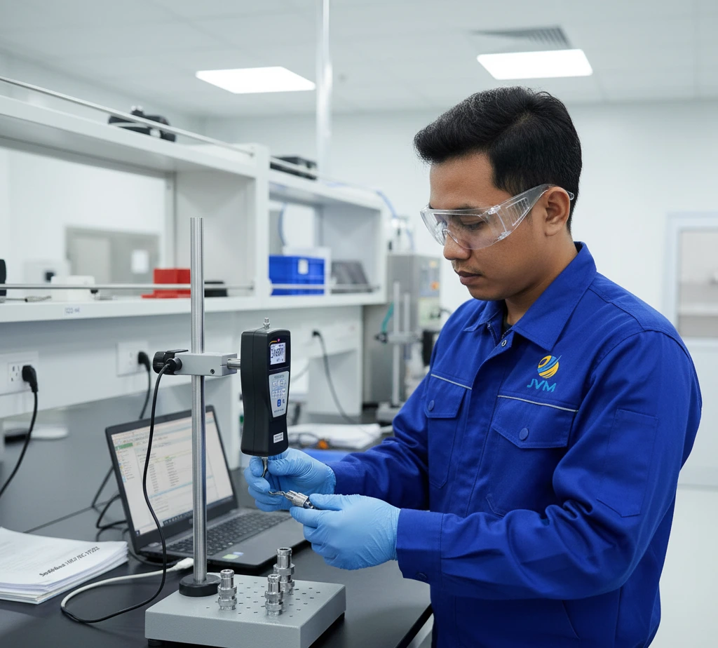 Teknisi QC Indonesia menggunakan Dynamometer Digital PCE-PFG 50-ICA untuk mengukur gaya tarik dan tekan pada komponen kecil di laboratorium industri.