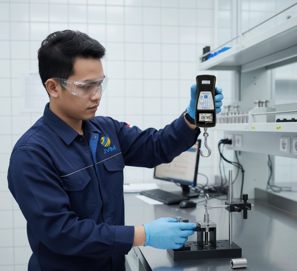 Teknisi QC Indonesia menggunakan Dinamometer Digital PCE-PFG 50 untuk mengukur gaya tarik dan tekan pada sampel komponen di laboratorium industri.