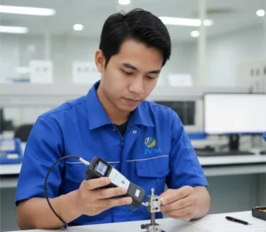 Teknisi QC Indonesia menggunakan Force Gauge PCE-PFG 500-ICA untuk mengukur gaya tarik dan tekan pada sampel material di laboratorium industri.