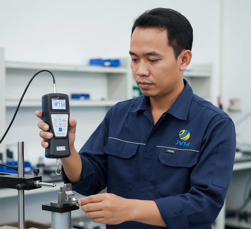 Teknisi QC Indonesia menggunakan Force Gauge PCE-PFG 500 pada test stand untuk mengukur gaya tarik material di laboratorium industri.