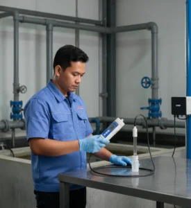 Teknisi Indonesia mengukur pH sampel air proses menggunakan pH meter PCE-PH20 dengan elektroda eksternal berkabel di area instalasi pengolahan air.