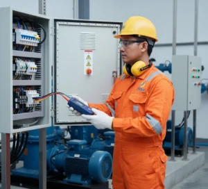 Teknisi Indonesia menggunakan phase rotation meter PCE-PI1 untuk memeriksa arah putaran motor tiga fasa pada panel listrik industri