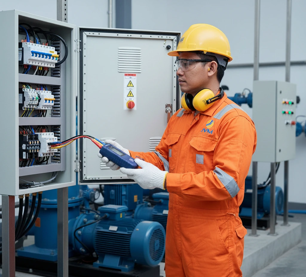 Teknisi Indonesia menggunakan phase rotation meter PCE-PI1 untuk memeriksa arah putaran motor tiga fasa pada panel listrik industri