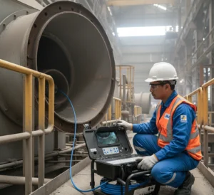 Foto menampilkan teknisi maintenance Indonesia memakai helm dan kacamata safety sedang mengoperasikan unit kamera inspeksi dalam hard case terbuka; layar menampilkan visual bagian dalam duct yang gelap dengan pencahayaan LED, sementara kabel dorong biru masuk ke manhole ducting dekat area cerobong pabrik semen.