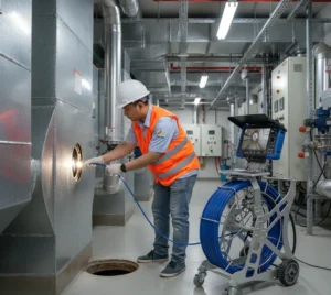Teknisi HVAC Indonesia menggunakan PCE-PIC 60 untuk inspeksi ducting exhaust/chimney, dengan trolley kamera dan monitor menampilkan kondisi internal saluran.