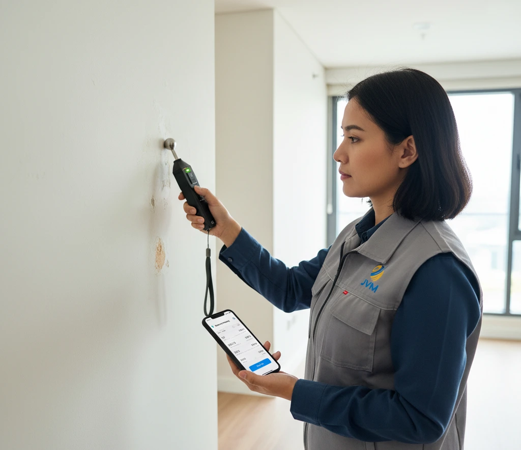 Inspektor bangunan Indonesia menggunakan PCE-PMI 1BT dengan sensor bola ditempelkan ke dinding interior yang menunjukkan indikasi lembap, sambil memantau hasil pada aplikasi ponsel.