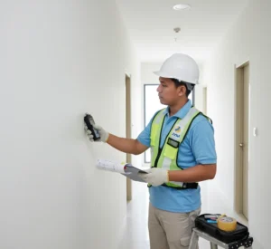 Foto seorang inspector bangunan Indonesia menempelkan moisture meter PCE-PMI 2 pada dinding interior untuk memetakan area lembap yang tidak terlihat jelas, sambil mencatat titik ukur di clipboard dan menandai lokasi dengan stiker inspeksi.
