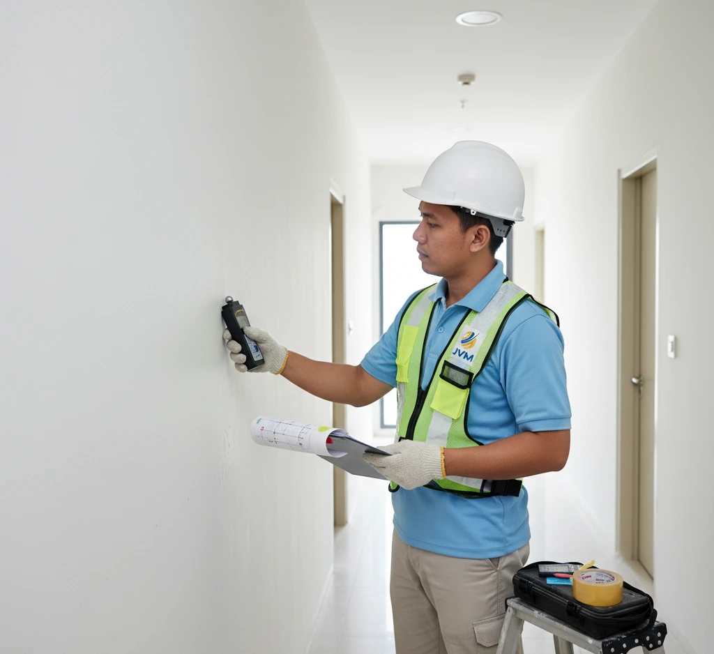 Foto seorang inspector bangunan Indonesia menempelkan moisture meter PCE-PMI 2 pada dinding interior untuk memetakan area lembap yang tidak terlihat jelas, sambil mencatat titik ukur di clipboard dan menandai lokasi dengan stiker inspeksi.