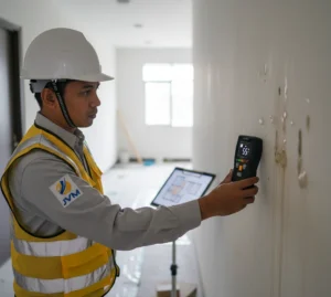 Seorang engineer Indonesia menempelkan moisture meter PCE-PMM 10 ke permukaan dinding untuk memeriksa kelembapan secara non-destruktif saat inspeksi bangunan pasca kebocoran.