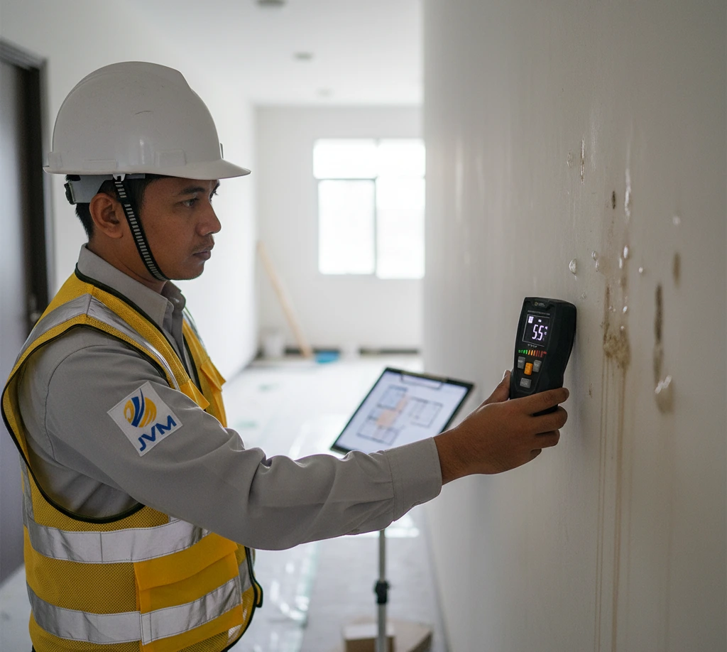 Seorang engineer Indonesia menempelkan moisture meter PCE-PMM 10 ke permukaan dinding untuk memeriksa kelembapan secara non-destruktif saat inspeksi bangunan pasca kebocoran.