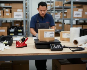 Operator gudang Indonesia menimbang paket kardus di atas timbangan benchtop PCE-PP 20-ICA dengan display terpisah berkabel spiral di meja packing.