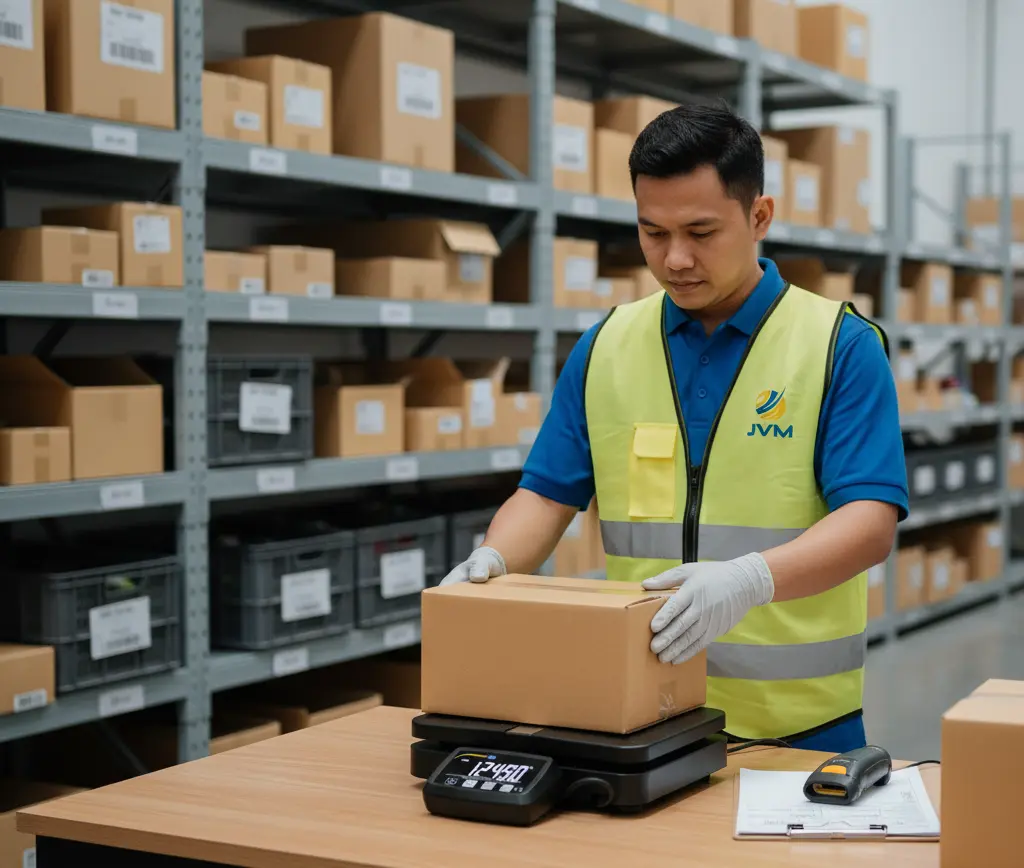 Operator gudang Indonesia menimbang paket kardus di atas benchtop scale PCE-PP 20 pada meja packing, dengan display digital terlihat jelas untuk proses timbang-catat yang cepat dan konsisten di area logistik.