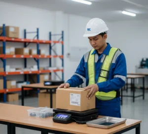 Teknisi QC Indonesia menimbang paket di atas benchtop scale PCE-PP 50 pada meja inspeksi gudang, dengan display timbangan terlihat dan perlengkapan kitting di sampingnya.