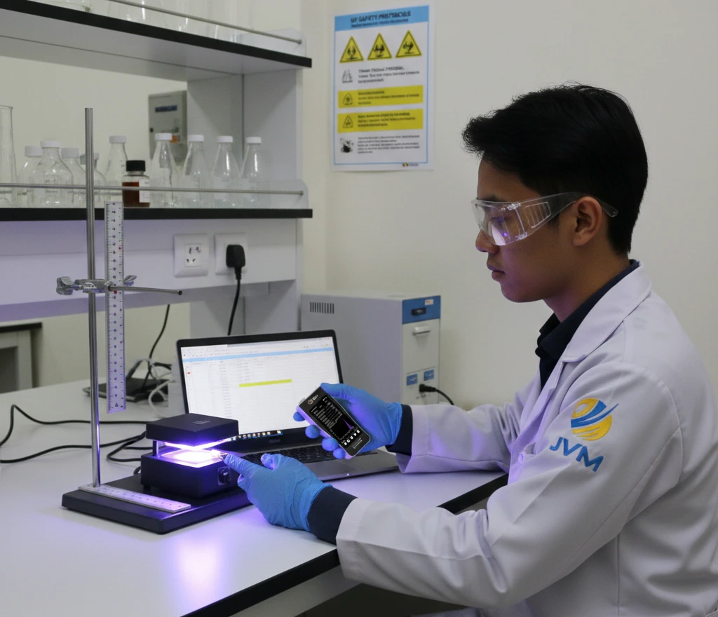Foto realistis mahasiswa Indonesia di laboratorium mengukur intensitas radiasi UV menggunakan PCE-PSR 300UV, memakai kacamata pelindung, dengan lampu UV-curing di meja dan layar alat menampilkan hasil irradiance serta UVA/UVB/UVC.