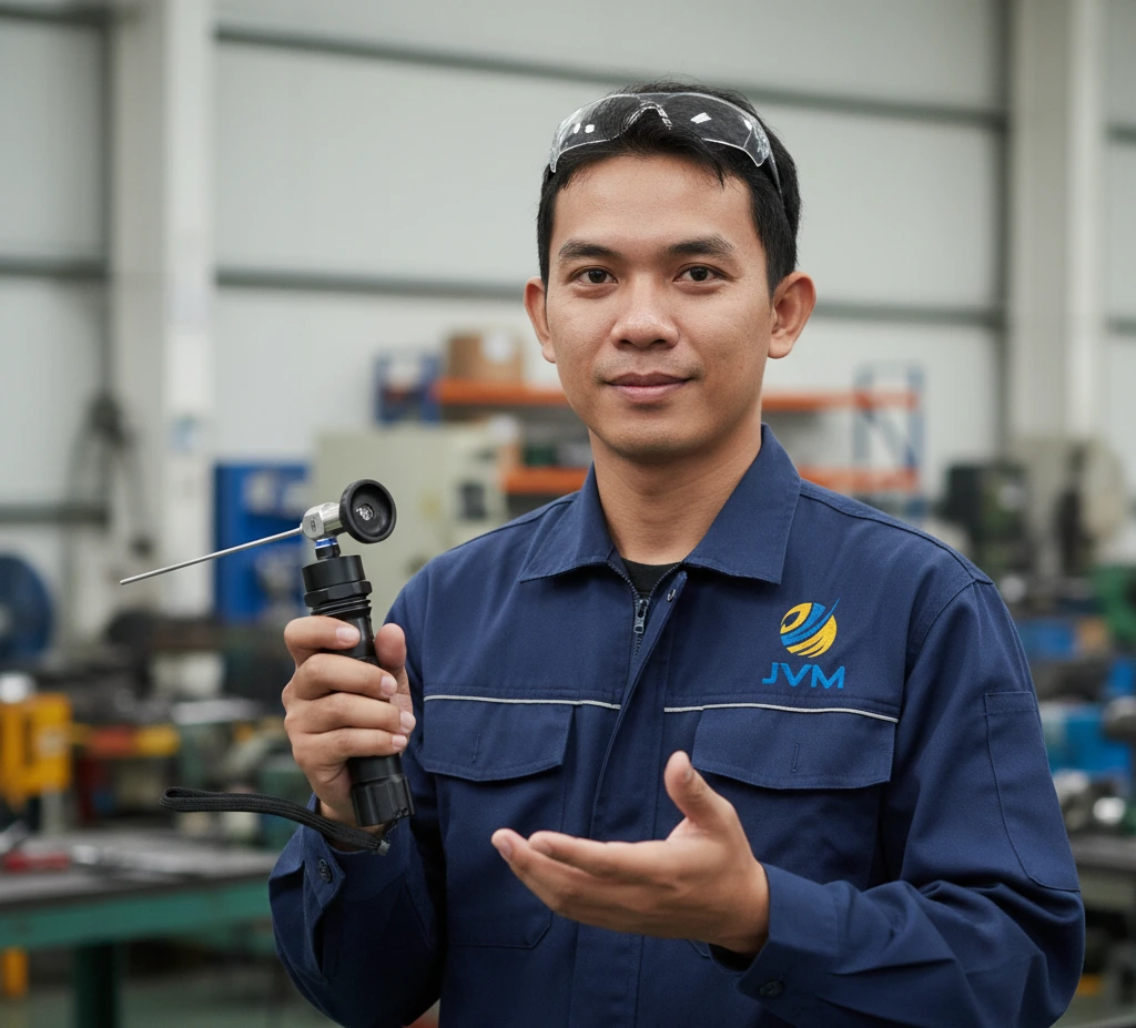 Teknisi Indonesia menggunakan endoscope industri untuk inspeksi bagian dalam mesin melalui lubang kecil di area pabrik