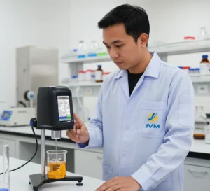 Teknisi laboratorium Indonesia menggunakan viscometer digital touchscreen untuk mengukur viskositas cairan dalam gelas beaker di meja laboratorium