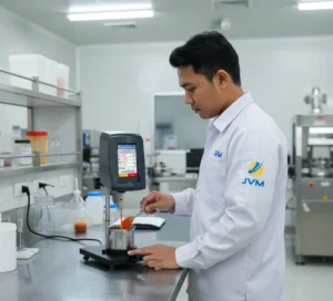 Teknisi laboratorium Indonesia menggunakan viscometer digital touchscreen untuk mengukur viskositas cairan dalam bejana stainless