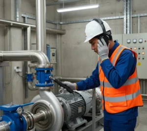 Teknisi Indonesia menggunakan mechanics stethoscope PCE-S 42 dengan headphone, menempelkan probe ke housing bearing pompa di ruang mesin instalasi pengolahan air.