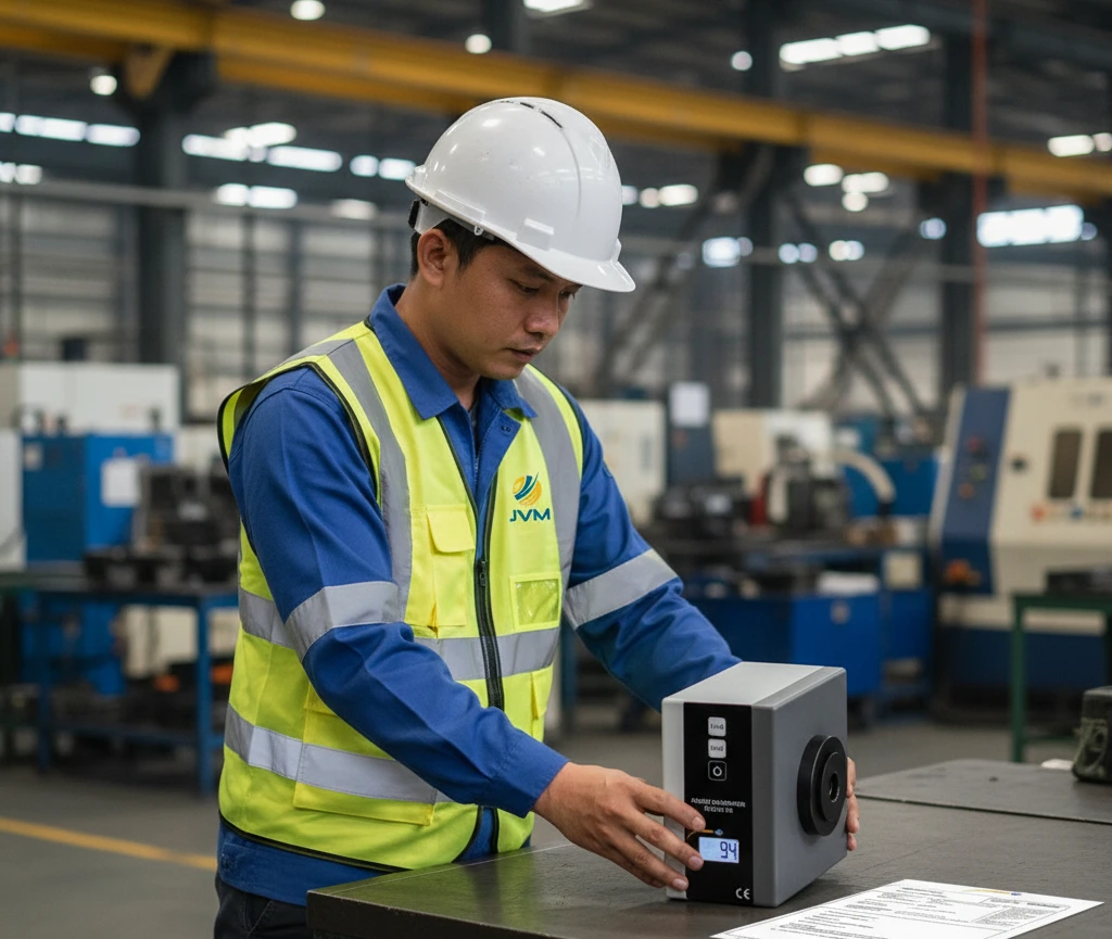 Teknisi Indonesia melakukan kalibrasi sound level meter menggunakan PCE-SC 09 acoustic calibrator di area industri sebelum pengukuran kebisingan.