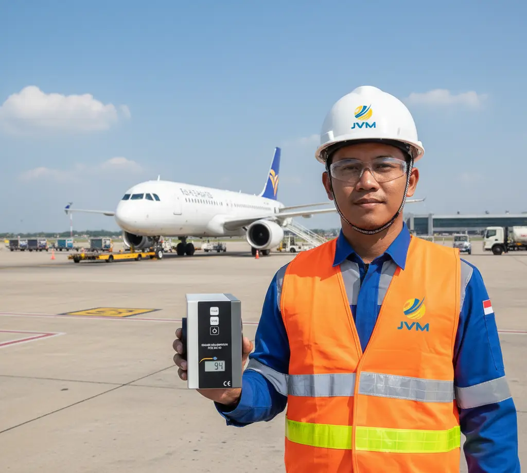 Teknisi Indonesia menggunakan PCE-SC 09 sound level calibrator untuk mengkalibrasi sound level meter di area apron bandara dengan latar pesawat dan peralatan ground support.