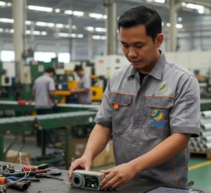 Teknisi Indonesia menggunakan PCE-SC 43 untuk kalibrasi sound level meter di laboratorium teknik lingkungan dengan meja kerja dan alat ukur kebisingan di sekitarnya.