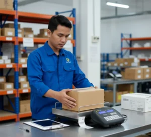 Teknisi QC Indonesia menimbang karton bahan baku di atas timbangan benchtop platform stainless 400x500 mm dengan display LCD besar untuk verifikasi berat incoming inspection.