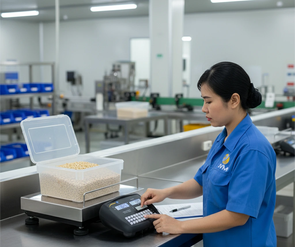 Teknisi quality control Indonesia menimbang sampel material di benchtop scale PCE-SCS 150 berplatform stainless pada meja inspeksi pabrik, dengan display LCD besar menyala dan form pencatatan QC di samping alat.