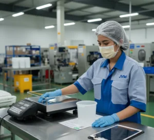 Teknisi QC Indonesia menimbang produk kemasan di meja inspeksi menggunakan timbangan benchtop PCE-SCS 30 dengan platform stainless steel 300×400 mm dan layar LCD backlit besar untuk verifikasi berat.