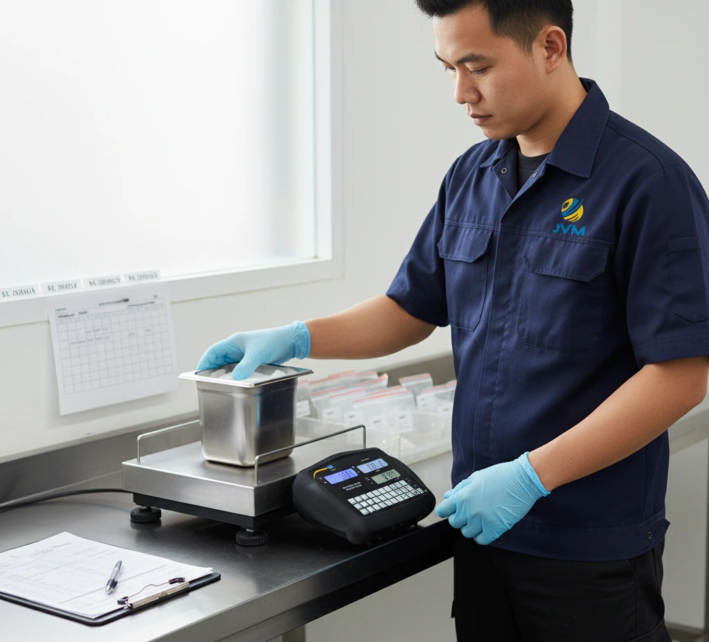 Teknisi QC Indonesia menimbang sampel bahan di atas timbangan benchtop PCE-SCS 30-ICA dengan platform stainless dan tampilan LCD backlit yang jelas di meja quality control.