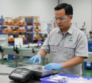 Foto teknisi quality control Indonesia menggunakan benchtop scale PCE-SCS 60 di meja kerja untuk mengecek berat kemasan; platform stainless terlihat jelas dan display LCD backlit angka besar membantu pembacaan cepat.