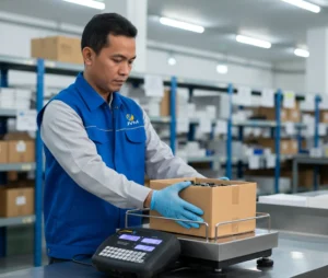 Teknisi QC Indonesia menimbang kotak komponen pada benchtop scale PCE-SCS 60-ICA di meja kerja industri dengan platform stainless steel dan layar LCD backlit.